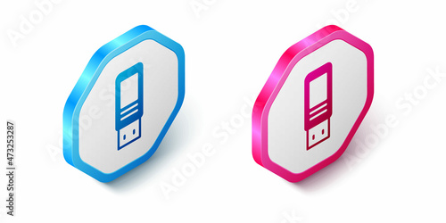 Isometric USB flash drive icon isolated on white background. Hexagon button. Vector
