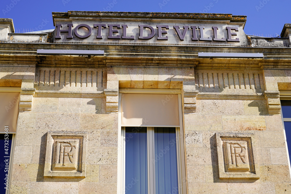 city hall text means hotel de ville in france facade in town center french stone building