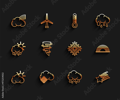 Set line Sun and cloud weather, Cloud with snow, Rainbow clouds, rain, Falling star, Tornado, and Snowflake icon. Vector