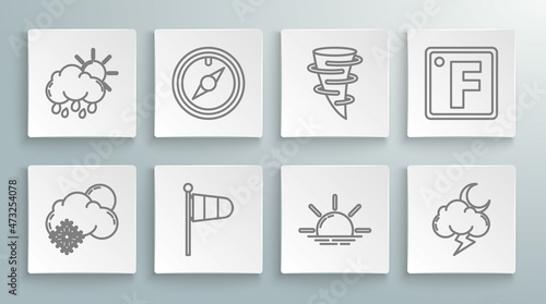 Set line Cloud with snow and sun, Wind rose, Cone meteorology windsock wind vane, Sunrise, Storm, Tornado, Fahrenheit and rain icon. Vector