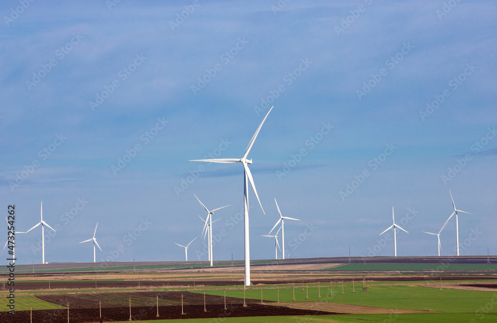Many wind turbines on a field in Romania