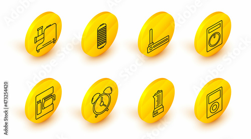 Set line Music player, Blender, Alarm clock, Coffee machine with glass pot, Remote control, Router and wi-fi signal, Stereo speaker and Kitchen meat grinder icon. Vector