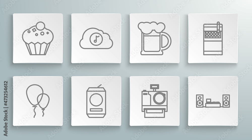 Set line Balloons with ribbon, Music streaming service, Beer can, Photo camera, Home stereo two speakers, Wooden beer mug, Open cigarettes pack box and Muffin icon. Vector Set line Balloons with ribbon, Music streaming service, Beer can, Photo camera, Home stereo two speakers, Wooden beer mug, Open cigarettes pack box and Muffin icon. Vector