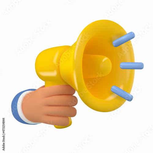 3d hand holding yellow megaphone realistic icon isolated on white background. Vector speaker illustration, attention concept