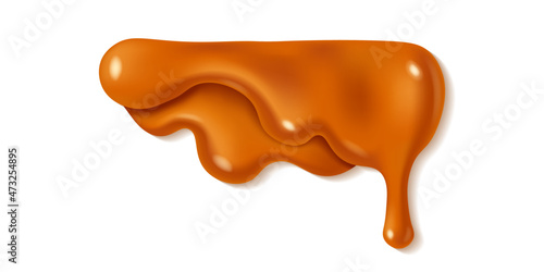 Melted caramel sauce drop isolated on white background. Orange or brown paint stains design. Vector illustration. Realistic horizontal leaking syrup dripping