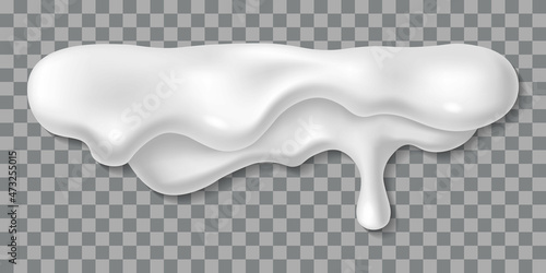Yogurt icing drip. Cream or yoghurt stain isolated. 3d realistic white mayonnaise or milk drop. Top border design