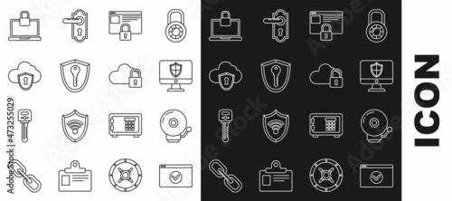 Set line Secure your site with HTTPS, SSL, Ringing alarm bell, Computer monitor and shield, Shield key, Cloud, Laptop lock and computing icon. Vector
