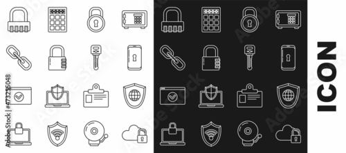 Set line Cloud computing lock, Shield with world globe, Smartphone, Lock, Safe combination, Chain link, and Key icon. Vector