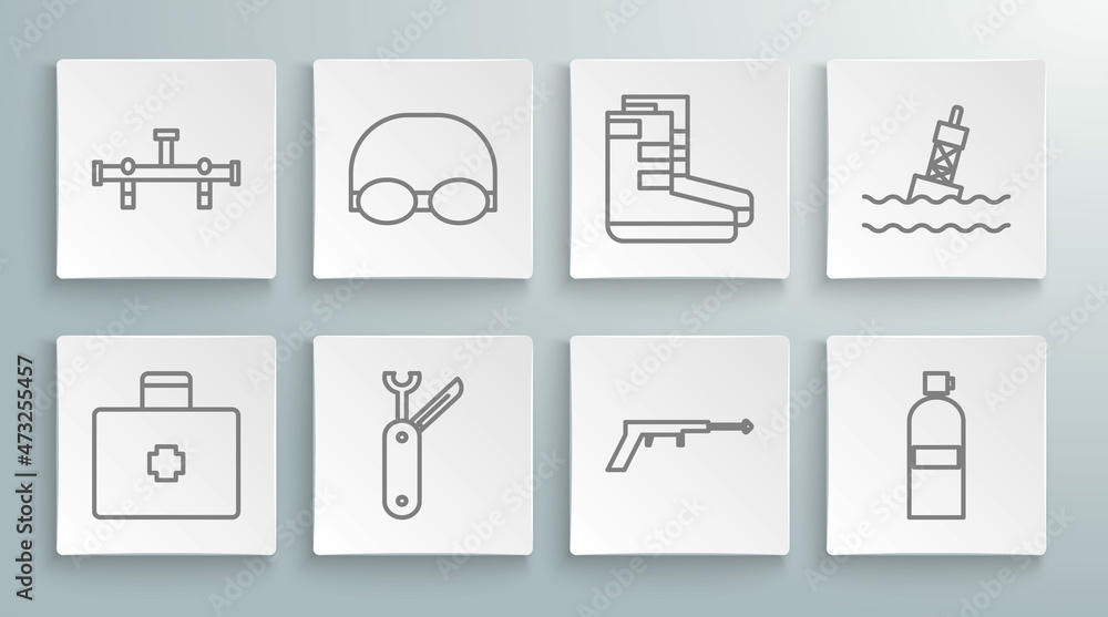 Set line First aid kit, Glasses and cap for swimming, Swiss army knife, Fishing harpoon, Aqualung, Boots, Floating buoy the sea and Manifold icon. Vector Set line First aid kit, Glasses and cap for swimming, Swiss army knife, Fishing harpoon, Aqualung, Boots, Floating buoy the sea and Manifold icon. Vector