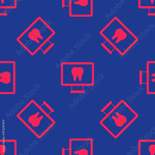 Red Online dental care icon isolated seamless pattern on blue background. Dental service information call center. Vector