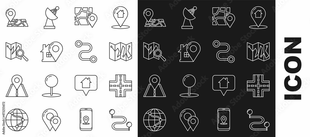 Set line Route location, Road traffic sign, Folded map with marker, Map pointer house, and icon. Vector Set line Route location, Road traffic sign, Folded map with marker, Map pointer house, and icon. Vector