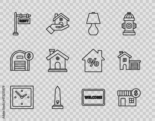 Set line Clock, House with dollar symbol, Table lamp, Washington monument, Hanging sign text Rent, Doormat the Welcome and icon. Vector