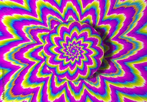Colorful rainbow background with growing sphere. Optical expansion illusion.