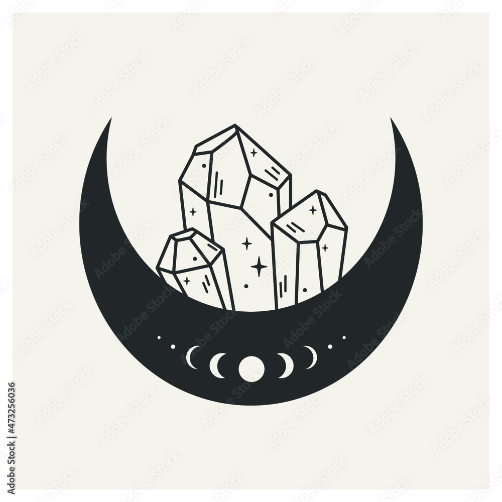Crescent moon with magic crystals. Mystical symbol. Celestial object. The moon has a slit pattern. Good for design of magic and spiritistic shops and goods, tattoos, design of clothes and stationery. Crescent moon with magic crystals. Mystical symbol. Celestial object. The moon has a slit pattern. Good for design of magic and spiritistic shops and goods, tattoos, design of clothes and stationery.