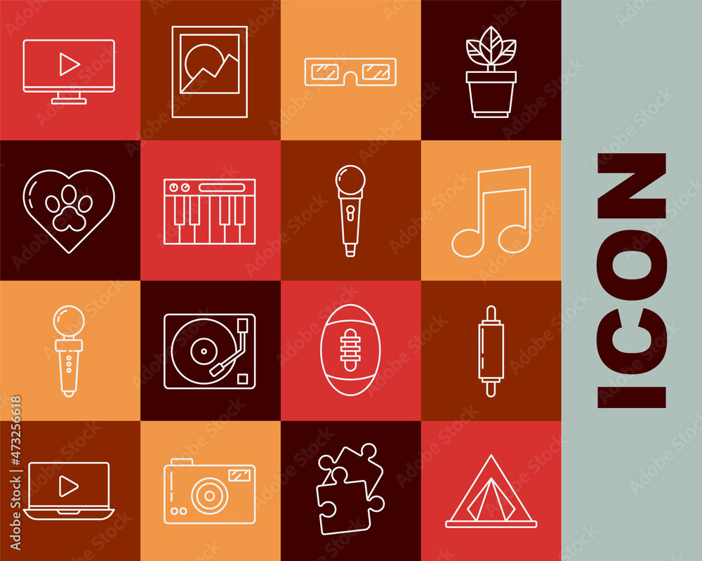 Set line Tourist tent, Rolling pin, Music note, tone, 3D cinema glasses, synthesizer, Heart with animals footprint, Online play video and Microphone icon. Vector Set line Tourist tent, Rolling pin, Music note, tone, 3D cinema glasses, synthesizer, Heart with animals footprint, Online play video and Microphone icon. Vector
