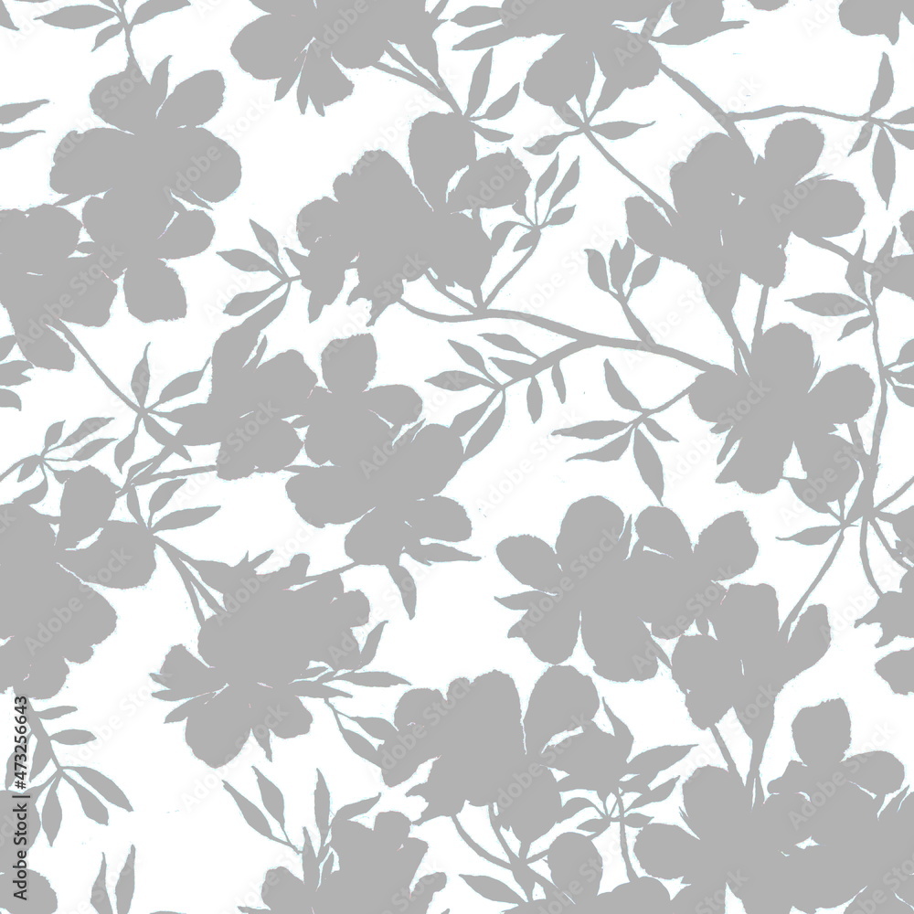 Monochrome seamless floral pattern. Hand drawn grey sakura branches and flowers on a white background. For textile and interior design.