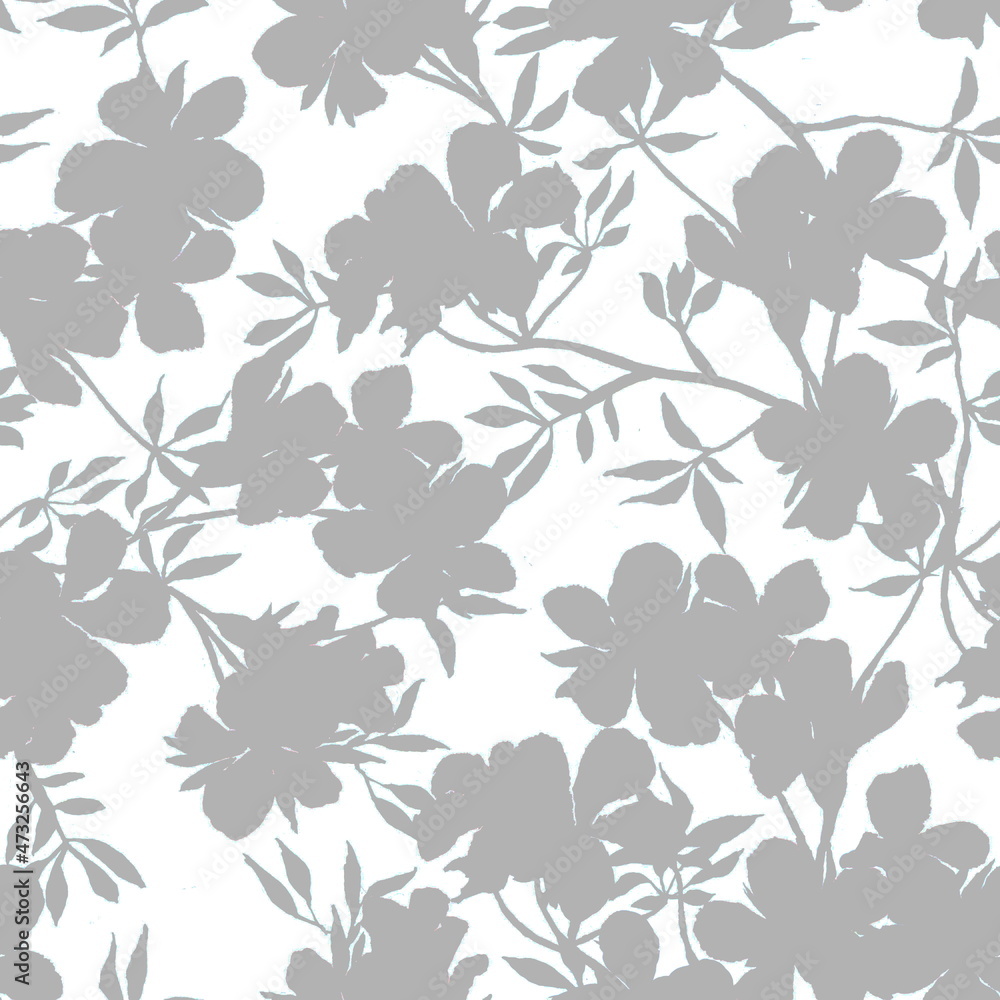 Monochrome seamless floral pattern. Hand drawn grey sakura branches and flowers on a white background. For textile and interior design. Monochrome seamless floral pattern. Hand drawn grey sakura branches and flowers on a white background. For textile and interior design.
