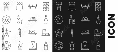 Set line Burning candle in candlestick, lights, Champagne bottle glass of champagne, Cookie or biscuit with chocolate, Price tag inscription Sale and Marzipan sponge cake icon. Vector