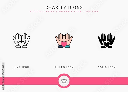 Charity icons set vector illustration with solid icon line style. Back give solidarity concept. Editable stroke icon on isolated background for web design, user interface, and mobile app