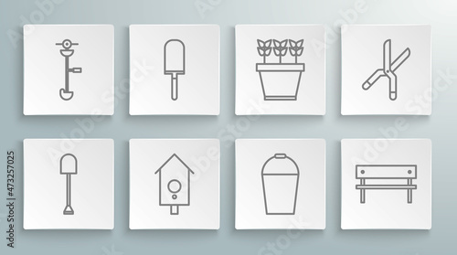 Set line Shovel, Garden trowel spade or shovel, Retro wall watch, Bucket, Bench, Plants in pot, Gardening handmade scissors and Grass weed electric string trimmer icon. Vector