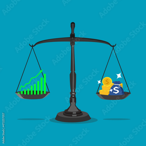 Scales with stock charts and money bags. stock valuation concept