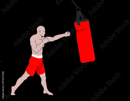 boxer without boxing gloves, punching bag, vector illustration 