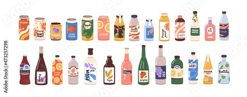 Cold drinks set. Soda water, sweet fizzy beverages, fruit cocktails, juices, lemonades in glass and plastic bottles, aluminum cans and tins. Flat vector illustrations isolated on white background