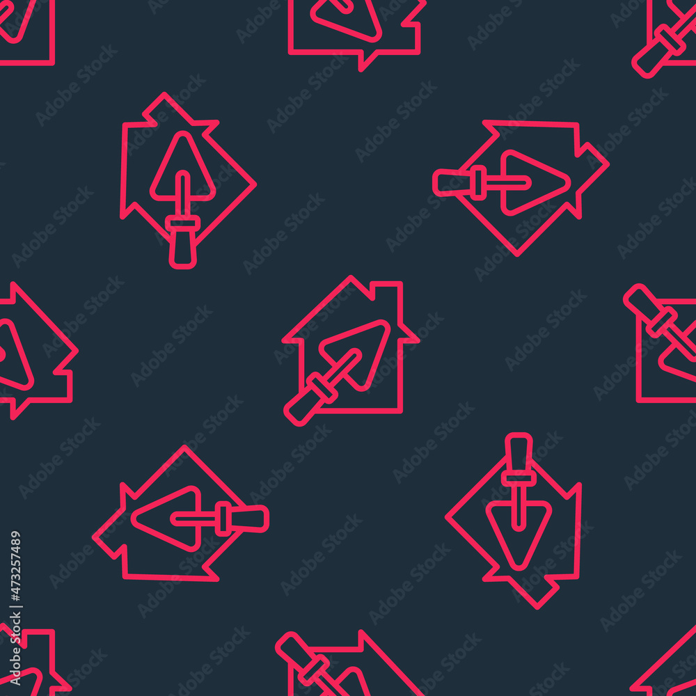 Red line House or home with trowel icon isolated seamless pattern on black background. Adjusting, service, setting, maintenance, repair, fixing. Vector Red line House or home with trowel icon isolated seamless pattern on black background. Adjusting, service, setting, maintenance, repair, fixing. Vector