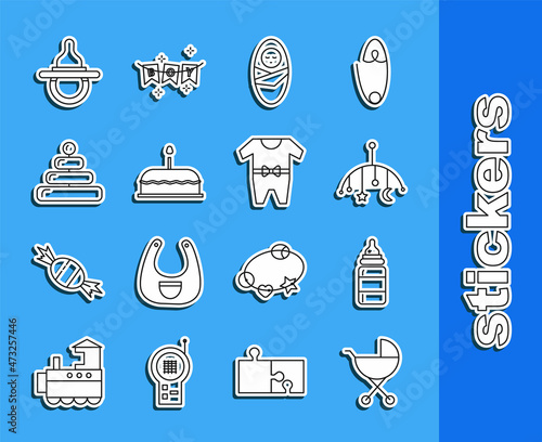Set line Baby stroller, bottle, crib hanging toys, Newborn baby infant swaddled, Cake with burning candles, Pyramid, dummy pacifier and clothes icon. Vector