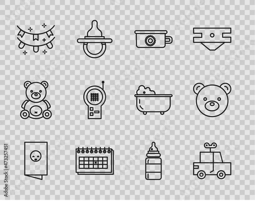 Set line Baby shower invitations card, poster, Toy, potty, Calendar, Carnival garland with flags, Monitor Walkie Talkie, bottle and Teddy bear plush toy icon. Vector