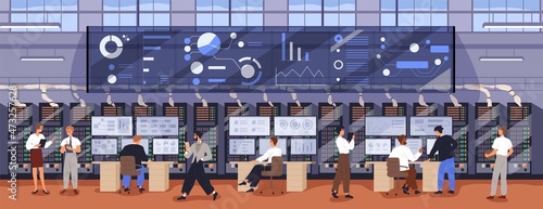 Big data control and analytics center. Information security engineers work with databases and cybersecurity at computers in datacenter. People and digital equipment. Colored flat vector illustration