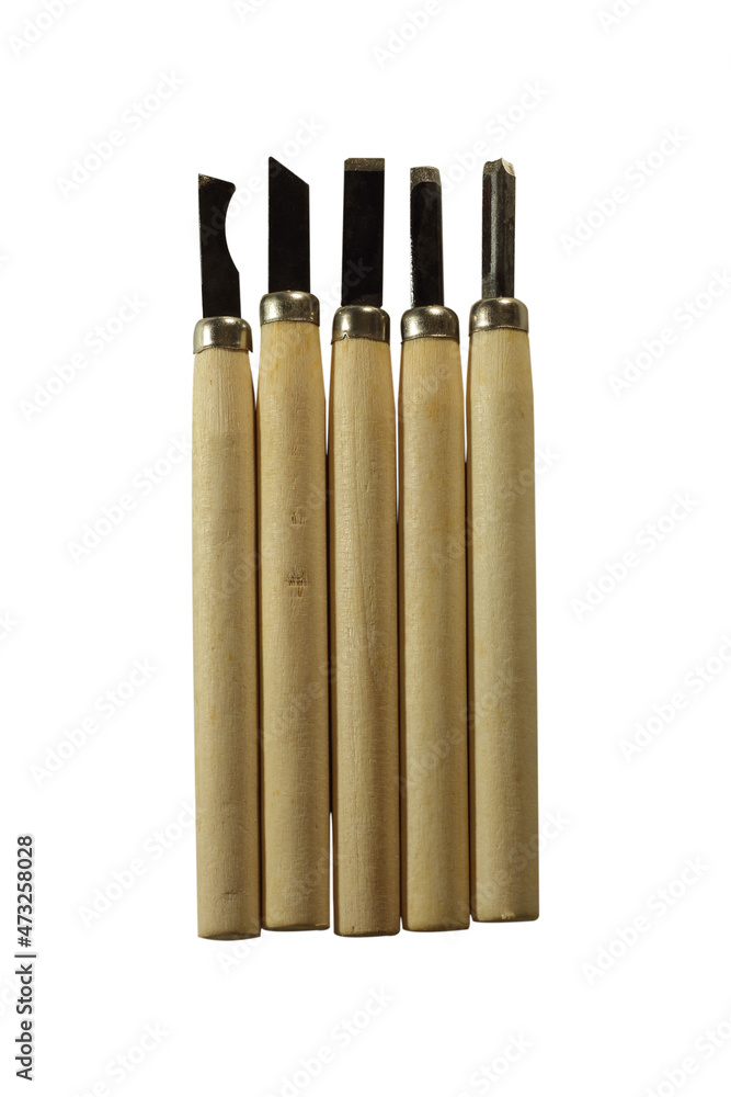 Set of wood chisel for carving wood, sculpture tools on white background Set of wood chisel for carving wood, sculpture tools on white background