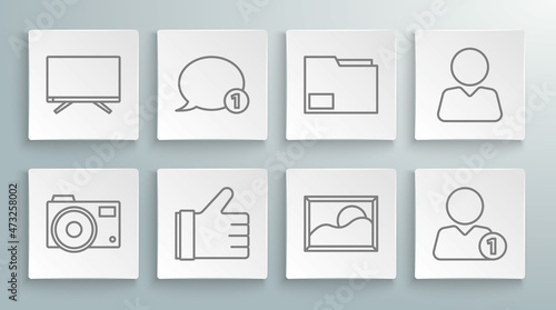 Set line Photo camera, Speech bubble chat, Hand like, Picture landscape, Add friend, Document folder, and Smart Tv icon. Vector