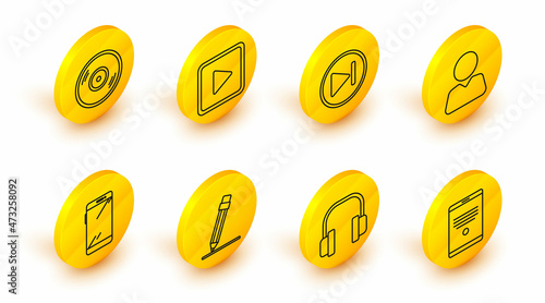 Set line Tablet, Headphones, Pencil with eraser, Smartphone, mobile, Add to friend, Fast forward, Play in square and Vinyl disk icon. Vector
