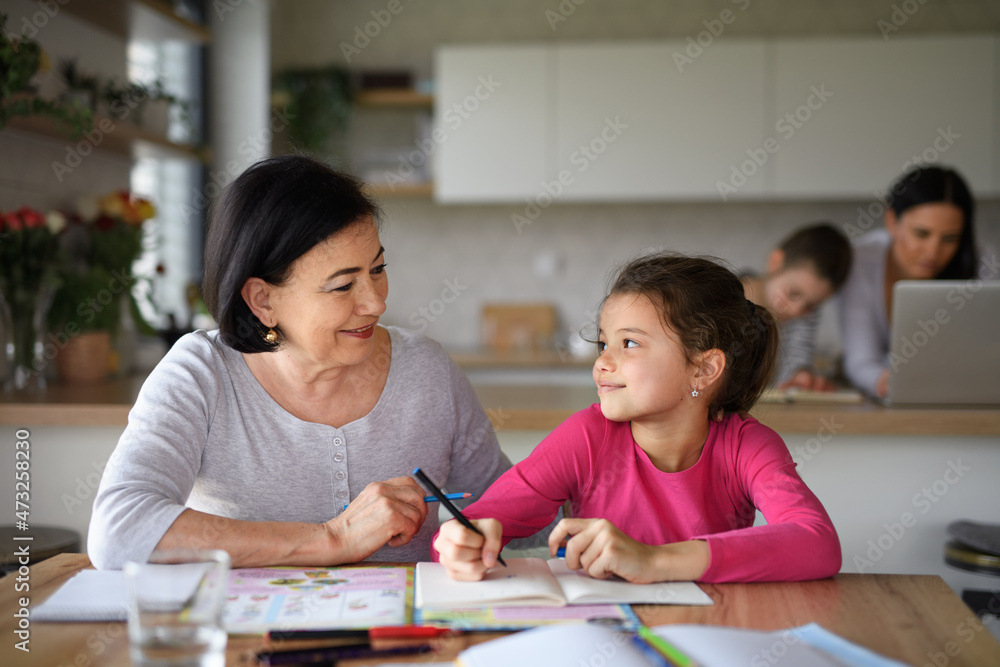 Small girl with grandmother doing homework indoors at home.