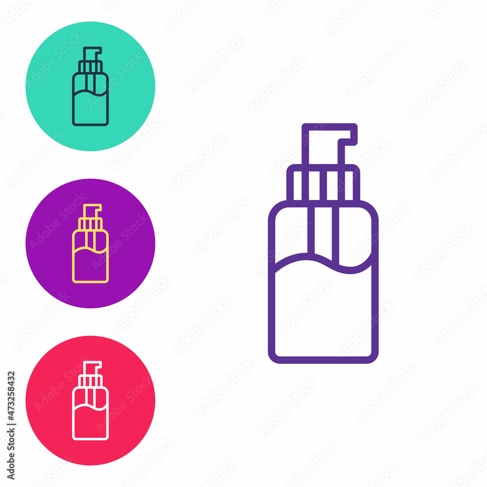 Set line Bottle of liquid antibacterial soap with dispenser icon isolated on white background. Disinfection, hygiene, skin care concept. Set icons colorful. Vector Set line Bottle of liquid antibacterial soap with dispenser icon isolated on white background. Disinfection, hygiene, skin care concept. Set icons colorful. Vector