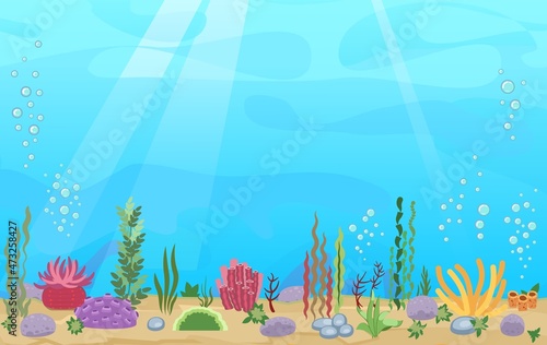 Sandy bottom of the reservoir. Blue transparent clear water. Sea ocean. Underwater landscape with plants, algae and corals. Illustration in cartoon style. Flat design. Vector art