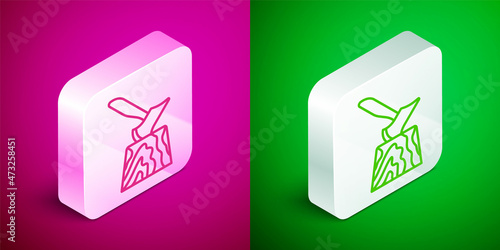 Isometric line Wooden axe in stump icon isolated on pink and green background. Lumberjack axe. Axe stuck in wood. Chopping wood. Silver square button. Vector
