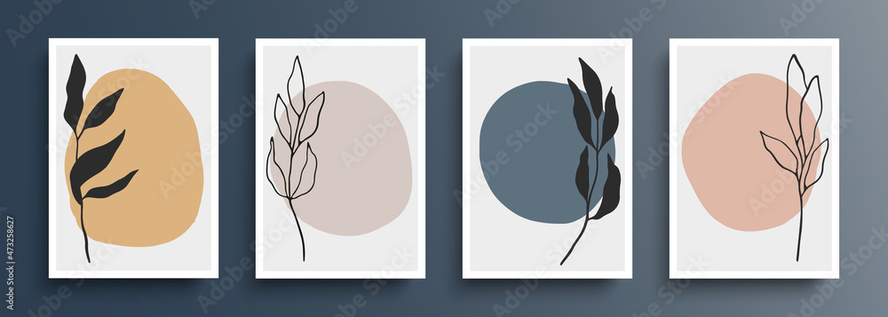 Botanical backgrounds set. Hand drawn boho foliage covers drawing with abstract shapes. Abstract floral backgrounds for your creative graphic design. Vector illustration.