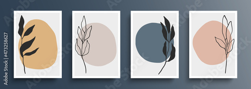 Botanical backgrounds set. Hand drawn boho foliage covers drawing with abstract shapes. Abstract floral backgrounds for your creative graphic design. Vector illustration.