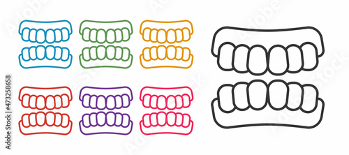 Set line Dentures model icon isolated on white background. Teeth of the upper jaw. Dental concept. Set icons colorful. Vector