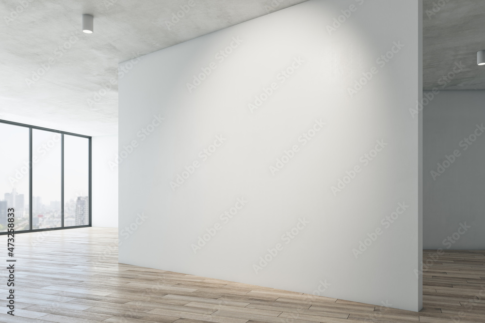 Contemporary gallery interior with mock up place on white concrete wall, wooden flooring and window with city view. Museum or apartment concept. 3D Rendering. Contemporary gallery interior with mock up place on white concrete wall, wooden flooring and window with city view. Museum or apartment concept. 3D Rendering.