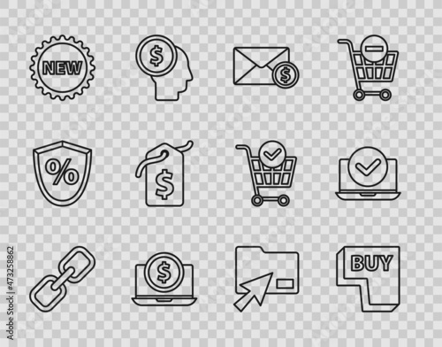 Set line Chain link, Buy button, Envelope with coin dollar, Laptop, Price tag New, Cursor click document folder and icon. Vector