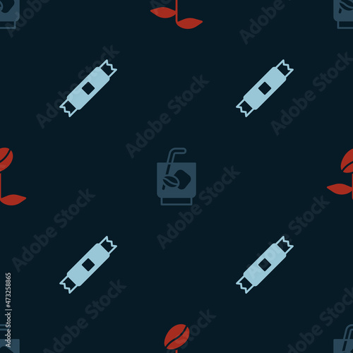 Set Coffee beans, Espresso tonic coffee and Sugar stick packets on seamless pattern. Vector