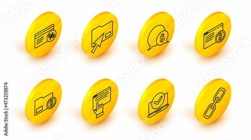 Set line Chain link, Laptop, Online shopping on screen, Envelope with coin dollar, Speech bubble, Cursor click document folder and Discount card percent icon. Vector