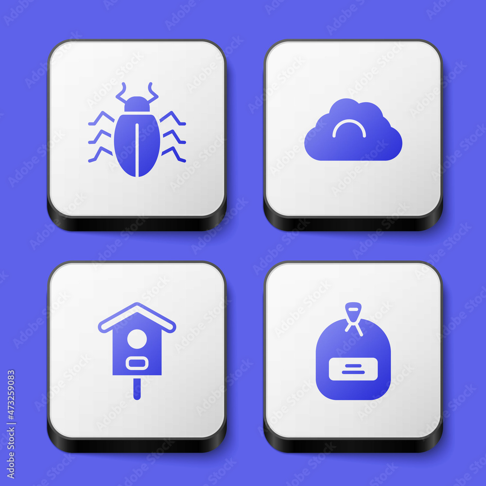 Set Colorado beetle, Cloudy weather, Bird house and Pack full of seeds icon. White square button. Vector