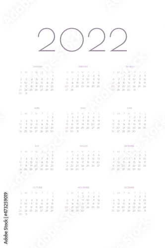 2022 calendar template individual planner in minimalist classic style. Week starts on sunday