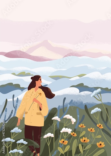 Woman walking in peaceful nature alone. Happy person enjoying outdoor landscape. Adventure and rest in flower meadow in fog. Morning travel in peace and solitude. Colored flat vector illustration
