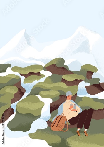 Person resting in nature after hiking alone. Hiker relax with tea in calm pea...