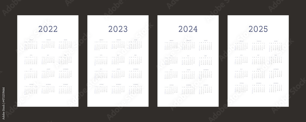 2022 2023 2024 2025 calendar individual schedule template in minimalist trendy style. Week starts on sunday